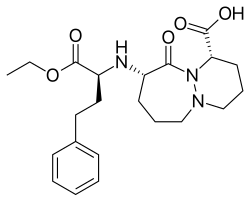 Kekulé, stereo, skeletal formula of cilazapril ((1S,9S)-9-[(2S)-2-yl]amin,-1-carbox)