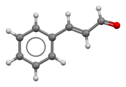 Ball-and-stick model of the cinnamaldehyde molecule