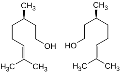 Skeletal formula of (+)-citronellol and (−)-citronellol