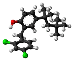 Ball-and-stick model of the clofoctol molecule
