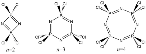 The three major cyclophosphazene products resulting from the reaction of phosphorus pentachloride and ammonium chloride