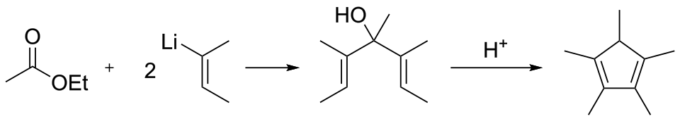 Synthesis of pentamethylcyclopentadiene from ethyl acetate