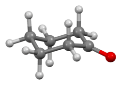 Ball-and-stick model of cyclohexanone viewed side-on, showing the non-planar conformation
