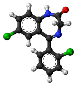 Ball-and-stick model of the delorazepam molecule
