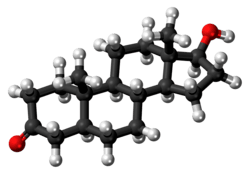 A ball-and-stick model of dihydrotestosterone.