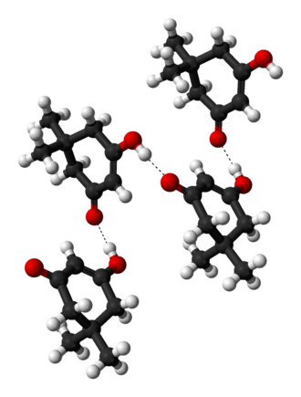 Ball-and-stick model of a hydrogen-bonded dimedone chain, as found in the crystal structure
