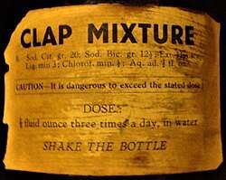 Brown glass medicine bottle label reading, "Clap Mixture" and a list of its ingredients.