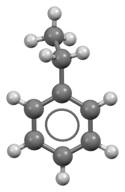 Ball-and-stick model of the ethylbenzene molecule