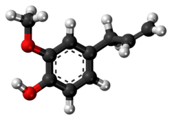 Ball-and-stick model of the eugenol molecule