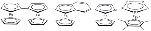 Various ferrocene derivatives where cyclopentadienyl has been replaced by related ligands