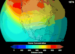Animation showing colored representation of ozone distribution by year above North America in 6 steps. It starts with a lot of ozone but by 2060 is all gone.