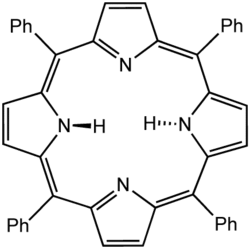 Tetraphenylporphyrin (H2TPP)is another synthetic analogue of protoporphyrin IX. Unlike the natural porphyrin ligands, TPP2− is highly symmetrical. Another difference is that its methyne centers are occupied by phenyl groups.