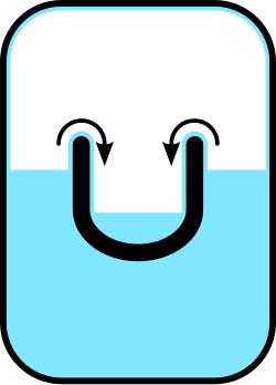 A cross-sectional drawing showing one vessel inside another. There is a liquid in the outer vessel, and it tends to flow into the inner vessel over its walls.