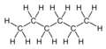 Skeletal formula of hexane with all implicit carbons shown, and all explicit hydrogens added