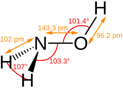 Stereo, skeletal formula of hydroxylamine with all explicit hydrogens added and assorted dimensions