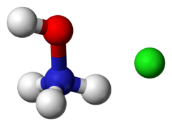 Ball-and-stick model of a hydroxylammonium cation (left) and a chloride anion (right)