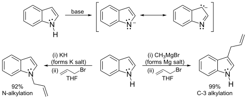 Formation and reactions of the indole anion