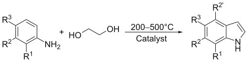 Reaction of aniline and ethylene glycol to give indole.