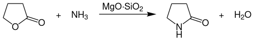Reaction of γ-butyrolactone with ammonia to form 2-pyrrolidone (γ-butyrolactam) and water in the presence of a solid magnesium silicate catalyst