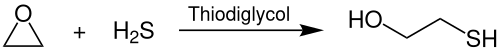 Reaction of ethylene oxide with hydrogen sulfide to form 2-mercaptoethanol in the presence of thiodiglycol as solvent and catalyst.