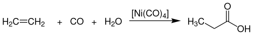 Hydrocarboxylation of ethene with carbon monoxide and water to form propionic acid in the presence of nickel tetracarbonyl as catalyst