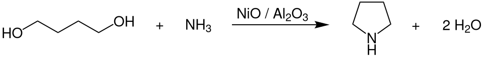 Reaction of 1,4-butanediol with ammonia to form pyrrolidine and water in the presence of a nickel oxide catalyst supported on alumina