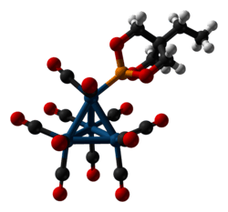 Ball-and-stick model of the (trimethylolpropane phosphite)tetrairidium undecacarbonyl cluster