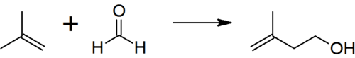 The reaction of isobutene with formaldehyde to give isoprenol, the first step in the industrial manufacture of prenol