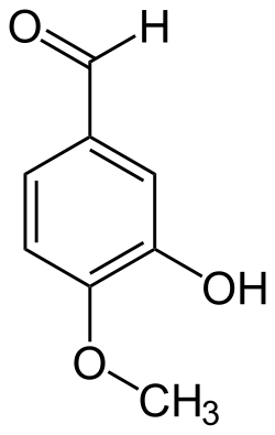 Skeletal formula of isovanillin with some implicit hydrogens shown and an added explicit hydrogen