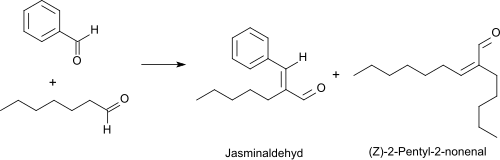 α-pentylcinnamal (jasminal) by aldol condensation of benzaldehyde with heptanal