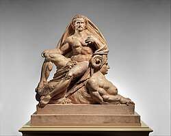 Jupiter and the Sphinx; 1868; tinted plaster; 116.8&nbsp;cm ×&nbsp;112.1&nbsp;cm ×&nbsp;60.3&nbsp;cm (3&nbsp;ft 10&nbsp;in ×&nbsp;3&nbsp;ft 8+1⁄4&nbsp;in ×&nbsp;1&nbsp;ft 11+3⁄4&nbsp;in); Metropolitan Museum of Art