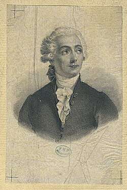 A drawing of a young man facing towards the viewer, but looking on the side. He wear a white curly wig, dark suit and white scarf.