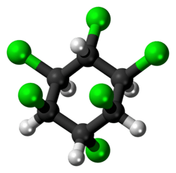 Ball-and-stick model of the lindane molecule (chair conformation)