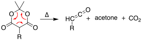 Pyrolysis of Meldrum's acid into ketene, acetone, and CO2