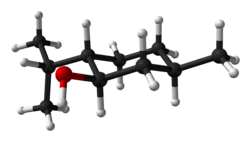Ball-and-stick 3D model highlighting menthol's chair conformation
