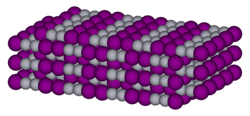 Spacefil model of crystalline mercury(I) iodide