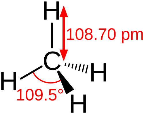 Stereo, skeletal formula of methane with some measurements added