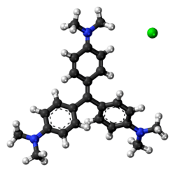 Ball-and-stick model of crystal violet as a chloride salt