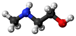 Ball-and-stick model of the N-methylethanolamine molecule