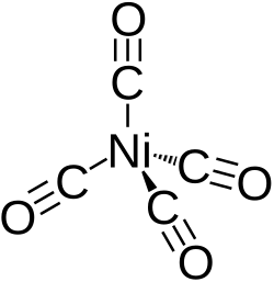 A nickel atom with four single bonds to carbonyl (carbon triple-bonded to oxygen; bonds via the carbon) groups that are laid out tetrahedrally around it