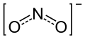 A nitrogen atom is bonded to two oxygen atoms, with bond strength 1.5, in a bent geometry; the collective ion bears a single negative charge