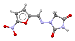 Ball-and-stick model of the nitrofurantoin molecule