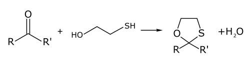 Reaction scheme for the formation of oxathiolanes by reaction of 2-mercaptoethanol with aldehydes or ketones.