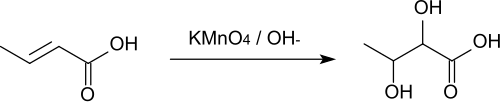 Reaction of crotonic acid with alkaline potassium permanganate solution.