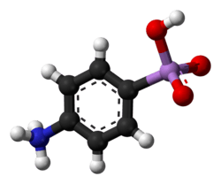 Ball-and-stick model of the solid-state zwitterionic structure of arsanilic acid