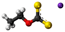 Ball-and-stick model of the component ions of potassium ethyl xanthate