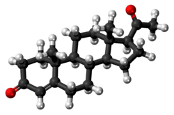 A ball-and-stick model of progesterone.