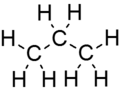 Skeletal formula of propane with all implicit carbons shown, and all explicit hydrogens added