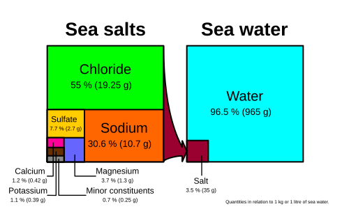 Mass fractions of various salt ions in seawater