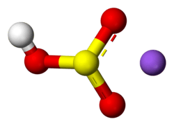 Ball-and-stick model of a bisulfite anion (left) and a sodium cation (right)